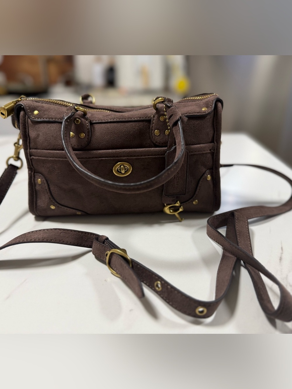 Coach Rhyder Satchel Bag 24 in Brass/Dark Chocolate Suede